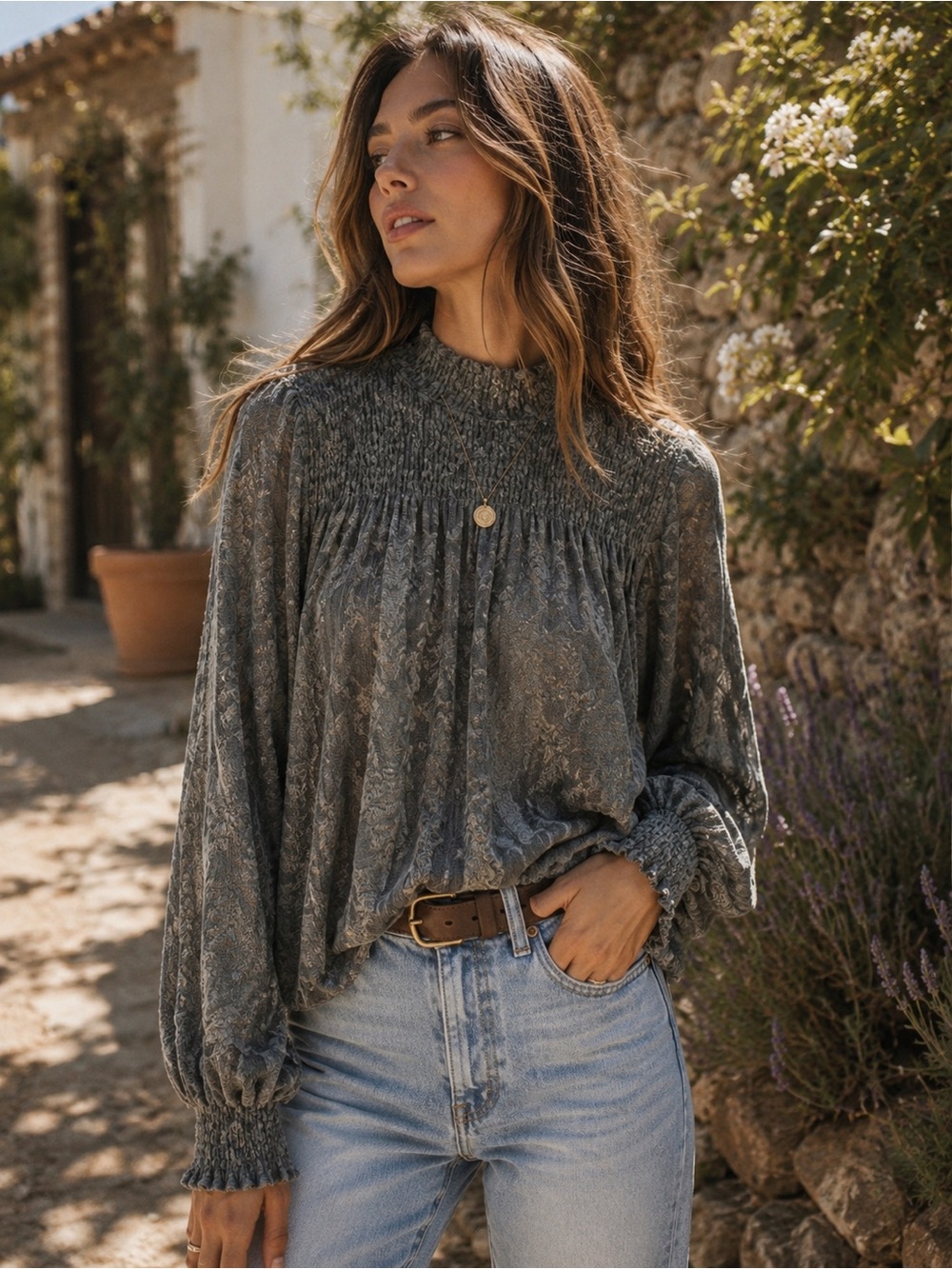 Anthropologie Deletta Sage Gray Lace Smocked Mock Neck Boho Blouse Small
